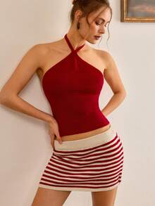 CasuGlow Halter Top And Mini Skirt Women Summer Clothes Set - Red and White - View 2