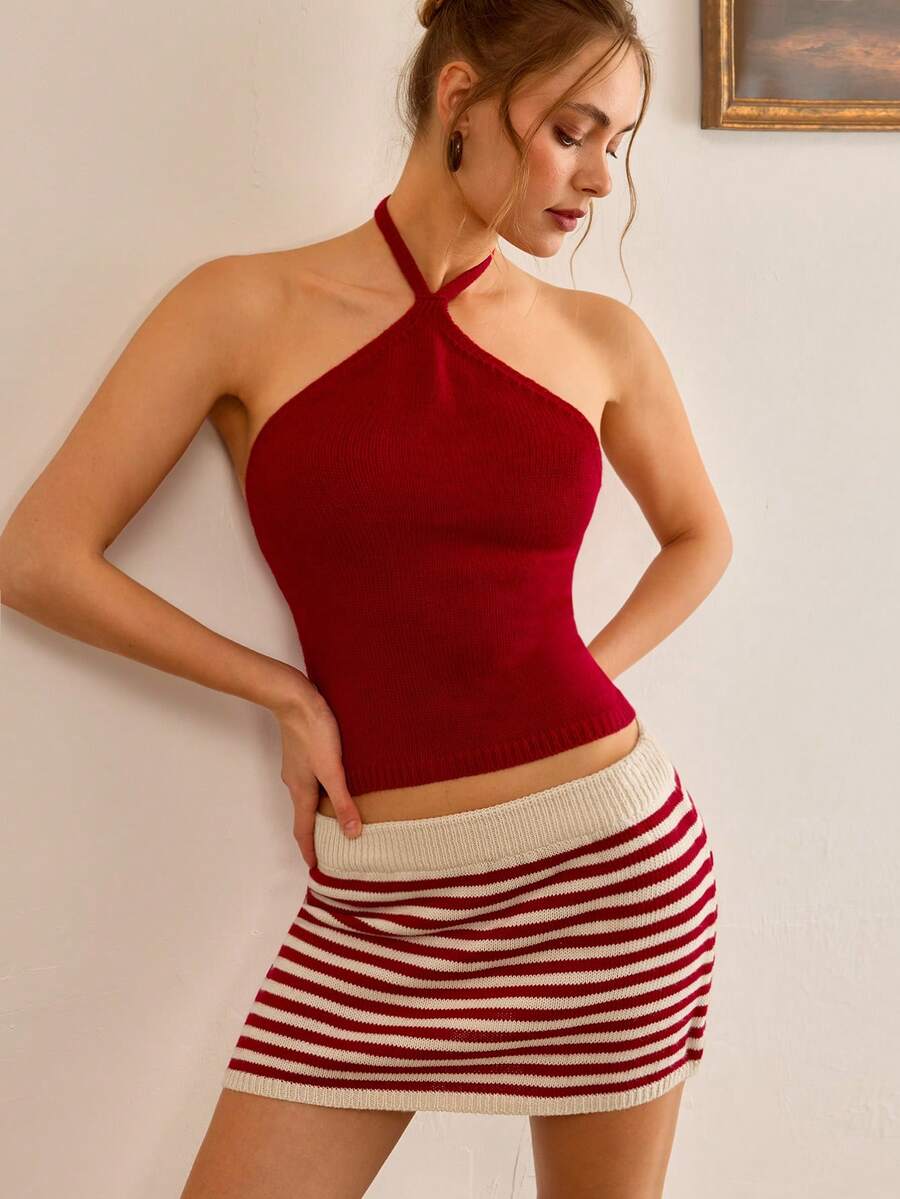 CasuGlow Halter Top And Mini Skirt Women Summer Clothes Set - Red and White - View 1