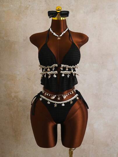 Bonvoyette Women's Beach Outfit, Black Textured Knit Jacquard Fabric, Shell Tape Trim, Sexy Spaghetti Strap Drawstring Design, Fashion Casual Resort Sexy Women's Swimsuit Set, Camisole Strap Bikini