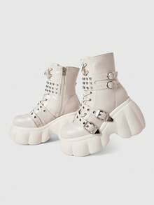 ROMWE Grunge Punk Women Heeled Sandals~ 2026 New Fashion Autumn And Winter Punk Style Beige PU Round Toe Wedge Heel Thick Bottom Rivet Metal Buckle Front Zipper Small High Heel Riding Boots Hot Girls Ankle Boots - Beige - View 10