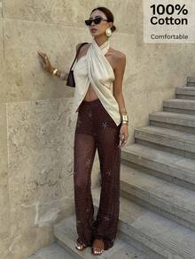 Siren Gaze 女士优雅休闲米色舒适露背交叉裹身纽扣细节开衩下摆吊带背心，夏季海滩度假休闲装，派对办公装露背吊带上衣，无袖露背吊带上衣，女士度假套装，女士夏季两件套，女士两件套，女士休闲夏季两件套，女士波西米亚风服装，希腊风服装，女士纱笼，金色纱笼，希腊度假服装，女士纱笼上衣 - 杏色 - 查看 9