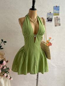 Soleia 女士波点V领镂空腰A字迷你连衣裙，适合派对、圣诞节、约会、夜店、波西米亚风、度假、秋季、复古、情人节等场合。 - 綠色 - 查看 5