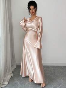 Modelyn Spring & Summer Long Sleeve Draped Neck Waist Cinched Dress With Pearl Decor, Satin Fabric - Apricot - View 5