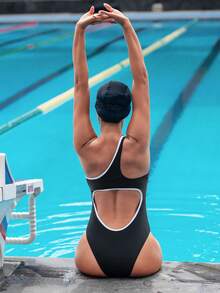 Swim Nautrix Women's Backless One-Piece Swimsuit, Solid Color, Supportive Bust, Sports & Competition - Black and White - View 4