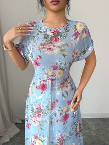 Breezaya Áo dài tay ngắn cổ tròn in hoa xẻ tà dành cho nữ, thích hợp cho kỳ nghỉ. - Màu xanh nhạt - Xem 3