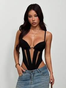 SHEIN PETITE 纯色休闲时尚度假性感吊带连体衣女款网纱连体衣 - 黑色 - 查看 14