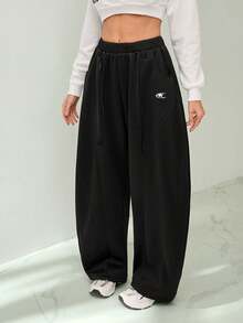 SHEIN Tall 女士秋冬街头风返校学院风休闲保暖舒适法式黑色弹力腰带弧形裤脚长裤，黑色长裤 - 黑色 - 查看 6