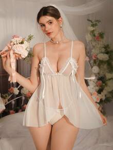 2pcs Spaghetti Strap Dress + G-String, Ruched Hem, Pleated Trim, Slit, Tie, Bow Accent, Pure & Romantic, White Babydoll Sexy Nightgown For Women - White - View 3