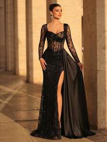 Glamrae Chân váy đuôi cá xẻ tà gợi cảm, sang trọng màu đen đính sequin thêu ren satin, thích hợp cho đám cưới, tiệc độc thân, kỳ nghỉ, dạ hội và các dịp trang trọng (chất liệu dày dặn). - màu đen - Xem 1