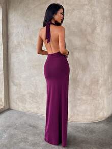 Aloruh 女士优雅纯色连衣裙，性感露背修身长裙，派对礼服，高腰镂空连衣裙 - 中紫紅色 - 查看 2