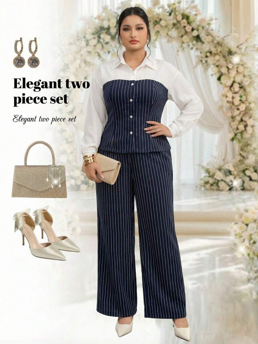 Modelyn Plus Size Women's Spring/Autumn Casual/Office Commute Striped Patchwork Shirt And Wide Leg Pants 2 Pieces Set Women Suit Sets - Multicolor - View 1