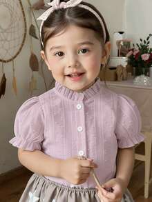 SHEIN Vintaside Kids 2026新款女婴夏季柔软舒适面料，时尚新款，度假旅行必备，女婴白色休闲纹理短袖衬衫，适合外出、休闲和聚会。 - 粉色 - 查看 3
