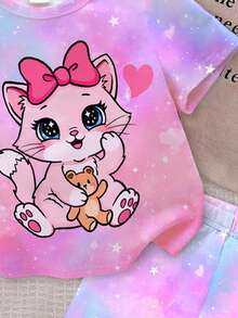 SHEIN 两件套女婴休闲可爱卡通猫咪图案糖果色扎染渐变印花度假风圆领短袖T恤和打底裤套装，适合春夏、度假、外出、返校、情人节、Y2K风格 - 彩色 - 查看 5