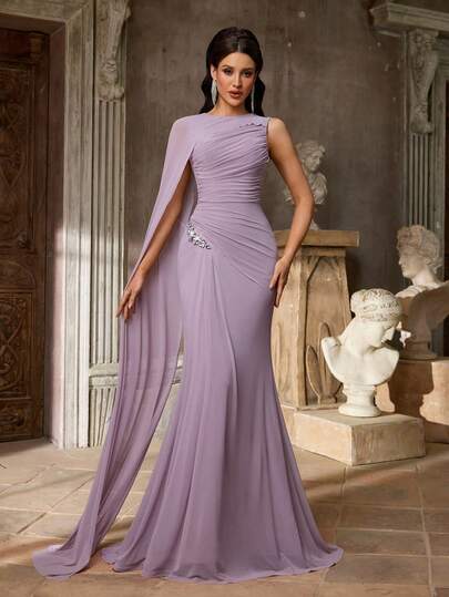 Aureia Elegant, Dignified, Graceful Lotus Purple High-Elastic Mesh Round Neck One Shoulder Super Large Cape Flared Sleeve Waist Pleated Slimming Luxurious 3D Rhinestone Decor Side Drape Fishtail Dress, Suitable For Dates, Vacations, Singles Parties, Weddings, Bridesmaids, Daily Versatile Evening Gowns