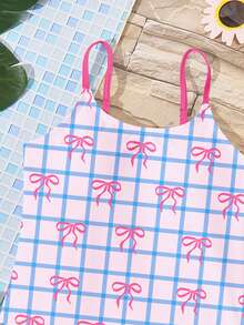 Ice Cream Blue & Pink, Bow Plaid Print, Tween Girls One-Piece Swimsuit, Suitable For Summer Beach, Pool, Seaside Vacation - Multicolor - View 5