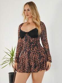 Arliah 复古性感腰部收紧长袖豹纹网眼撞色蕾丝露背迷你连衣裙，街头风格，秋冬 - 彩色 - 查看 6