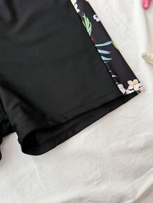 SHEIN Teen Girl Tropical Plant Print Raglan Sleeve Shorts Casual Swimsuit Set - Black - View 6