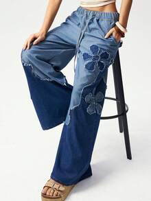 Bohemela Women's Casual Woven Patchwork Loose Wide Leg Pants - Blue - View 8