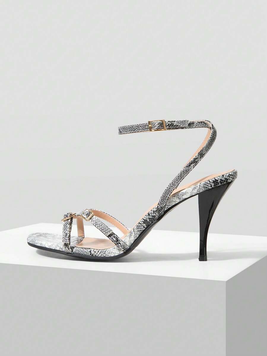 Mnmlis 女士高跟凉鞋 春夏新款 时尚现代性感蛇纹PU交叉带单字扣 女士晚宴礼服细高跟凉鞋 - 黑與白 - 查看 1