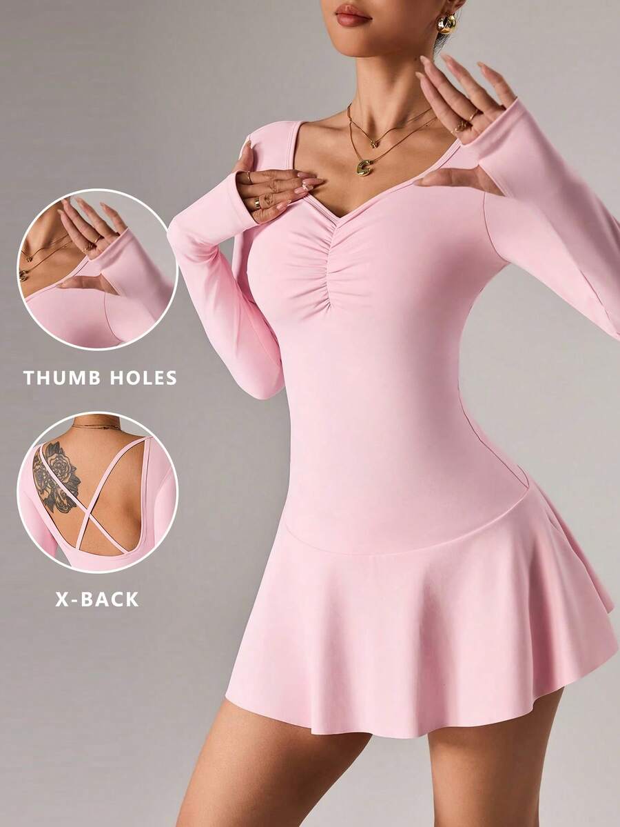 Dewbera Women's Casual Solid Color Ruched Bust Open Back Sports Jumpsuit - Pink - View 1
