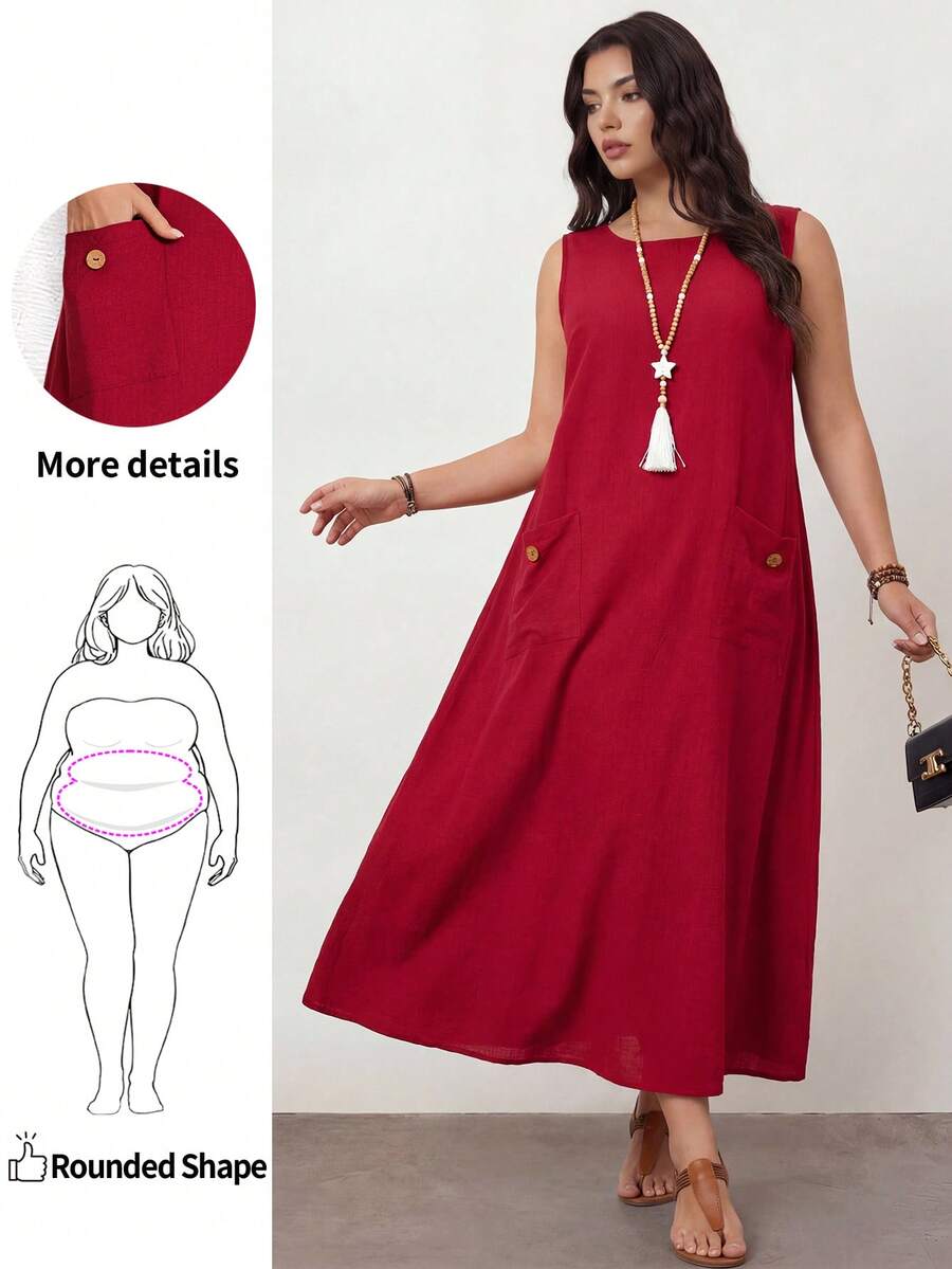 SHEIN Unity Plus Size Women Solid Color Sleeveless Casual Shift Dress With Pockets, Spring/Summer/Vacation, For Apple And Rounded Body Shape - Burgundy - View 1