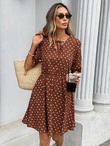 Pariaura Women's Polka Dot Pattern Tie Neck Short Sleeve Casual Dress - Brown - View 3