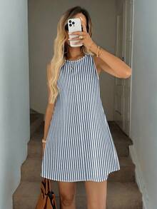 SHEIN LUNE Women's Casual Striped Sleeveless A-Line Dress With Quilted Pockets, Elegant Vacation Outfit, Retro Luxurious Style - Multicolor - View 1