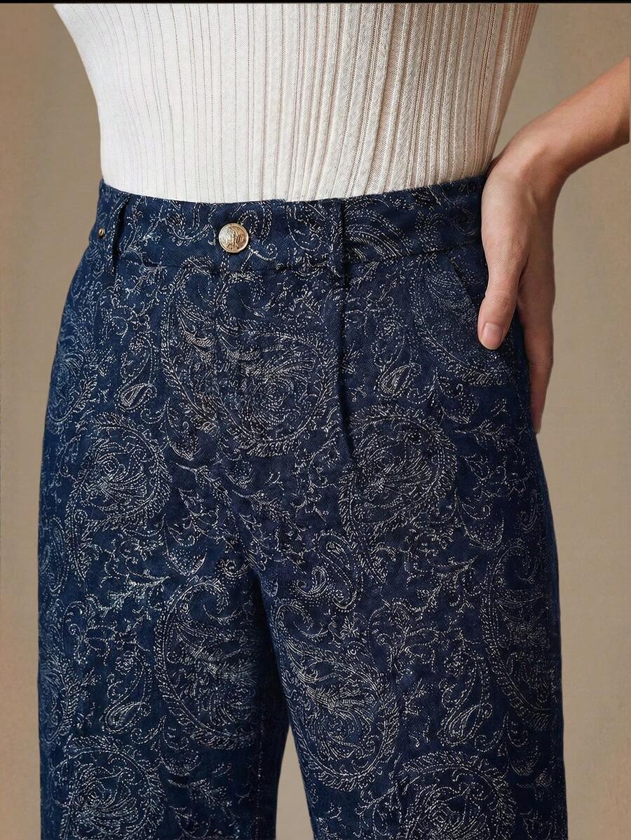 Anewsta Modern Design Digital Print Casual Blue Jeans, High Waist Loose Slimming Straight Leg Pants For Women, Spring/Autumn New Arrival - Blue - View 1