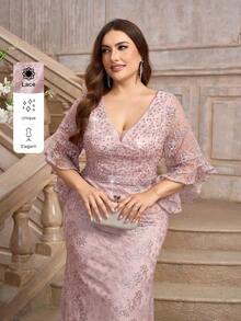Plus Size Lotus Pink Beaded And Rhinestone Embellished Lace Fabric Mermaid Formal Dress, Elegant Evening Gown For Cocktail Party Prom Wedding Guest Dress, For Graduation, Dinner, For Valentine's Day - Dusty Pink - View 4