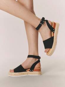 Styleloop Sandalias de plataforma con cuña para mujer, sandalias romanas con tiras cruzadas, sandalias de plataforma con tacón alto y punta abierta con hebilla, zapatos de plataforma de paja para mujer, zapatos bohemios de viaje para mujer, adecuados para la temporada de vacaciones, primavera y verano, ropa de vacaciones, artículo imprescindible para viajar - Negro - Ver 6