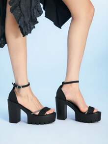 Sugerpunk Sandalias de tacón alto con diseño de hebilla y suela gruesa para mujer - Negro - Ver 1