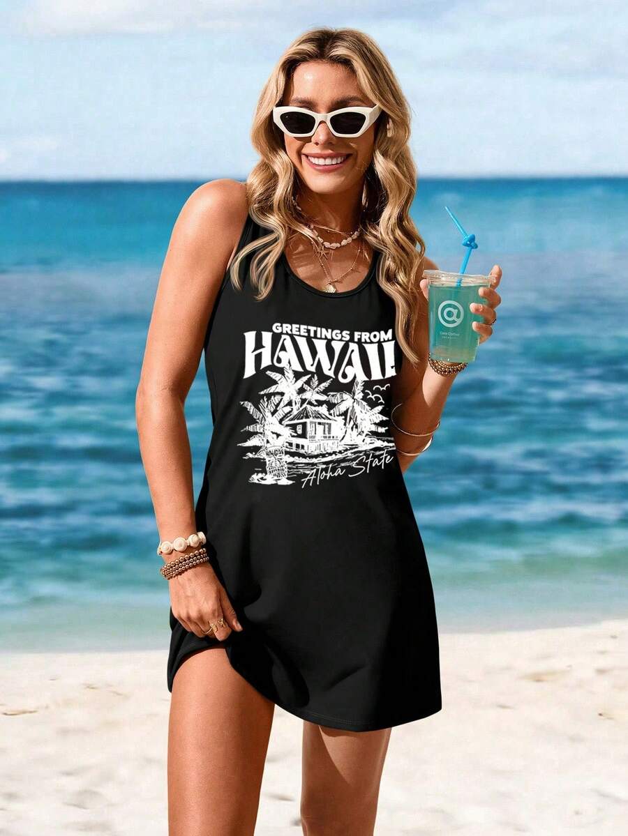 Sylviya 女士字母棕榈树印花休闲简约无袖连衣裙，适合夏季穿着 - 黑色 - 查看 1