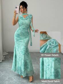 Modelyn 绿色无袖飘逸领印花3D网纱修身连衣裙（女款） - 綠色 - 查看 5