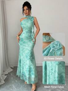 Modelyn 绿色无袖飘逸领印花3D网纱修身连衣裙（女款） - 綠色 - 查看 7