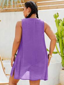 Swim Lushoire Cubrecuerpo sin mangas con cuello en pico de unicolor para tallas grandes - Morado - View 3