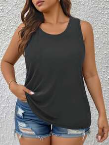 EMERY ROSE Plus Size Summer Casual Simple Solid Color Tank Top - Dark Grey - View 1