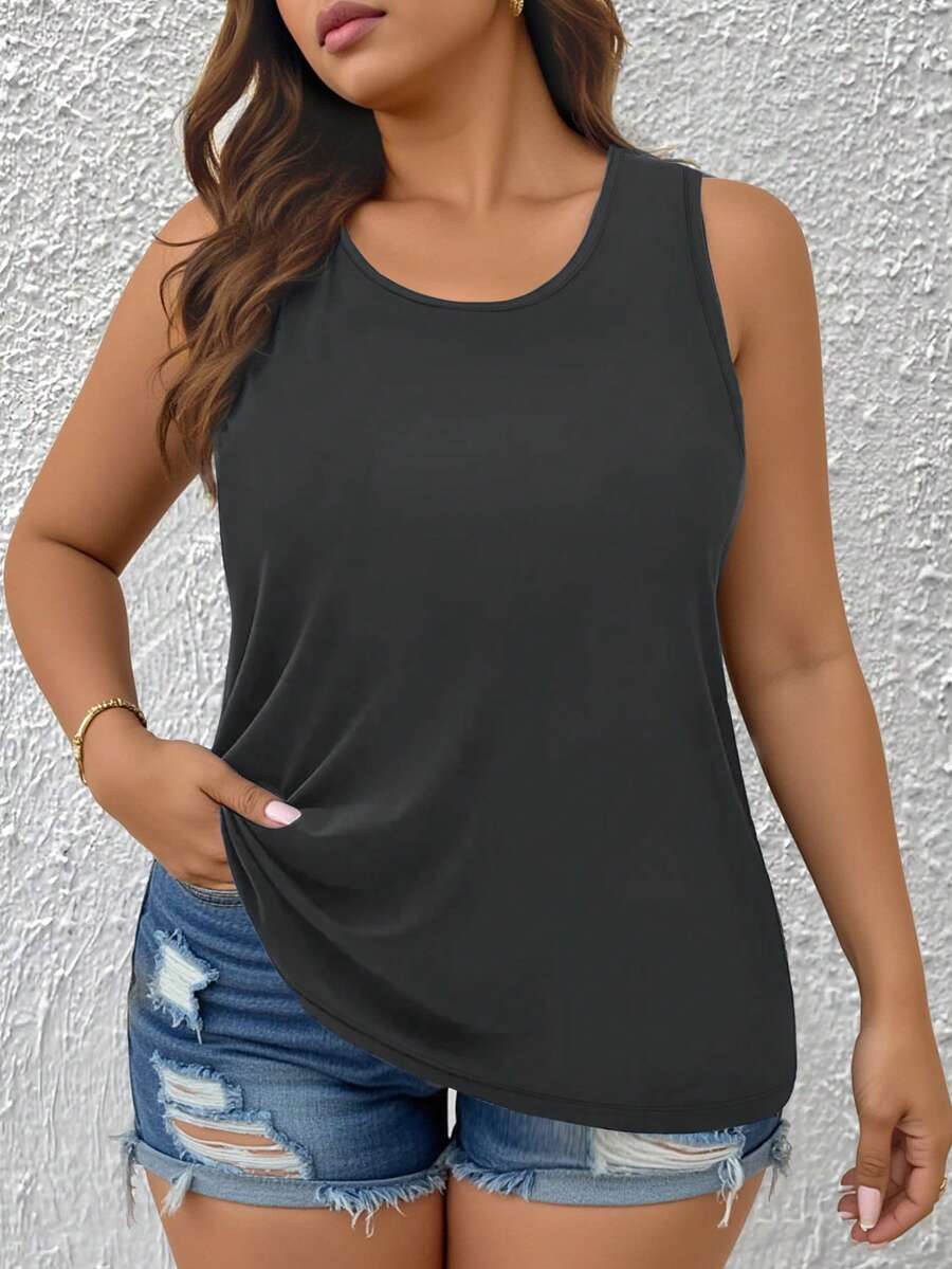 EMERY ROSE Plus Size Summer Casual Simple Solid Color Tank Top - Dark Grey - View 1