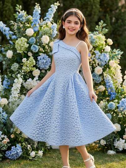 SHEIN 1pc Tween Girl' Elegant Jacquard Weave Spaghetti Strap Dress With Detachable Bow Decor, Zipper Back, Flared Skirt, Suitable For Daily Wear, Parties, Ceremonies