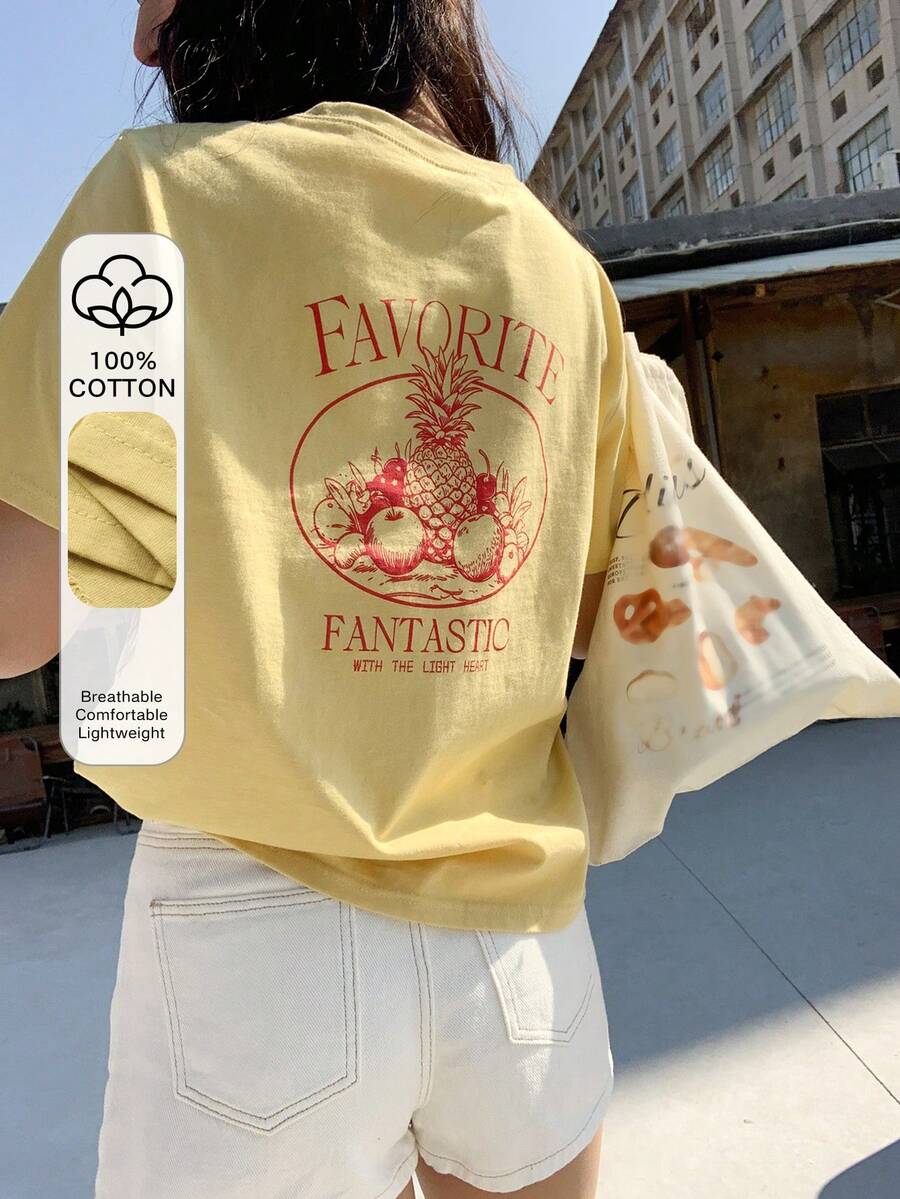 DAZY Camiseta casual de mujer de cuello redondo y manga corta con estampado de letras y frutas - Amarillo - Ver 1