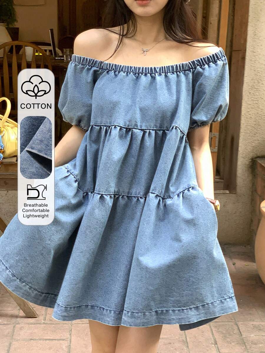 DAZY 女士方领休闲韩版牛仔连衣裙，春夏度假 - 藍色 - 查看 1