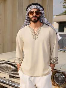 DAZY 中长袖男士衬衫，中东风格，春季款 - 杏色 - 查看 7