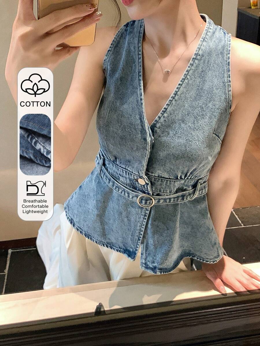DAZY 女士V领韩版做旧牛仔休闲上衣 夏季 - 藍色 - 查看 1