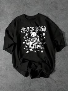 GENIUS ODE Camiseta de manga corta de cuello redondo con estampado de letras de dibujos animados, casual y versátil para uso diario - Negro - Ver 1