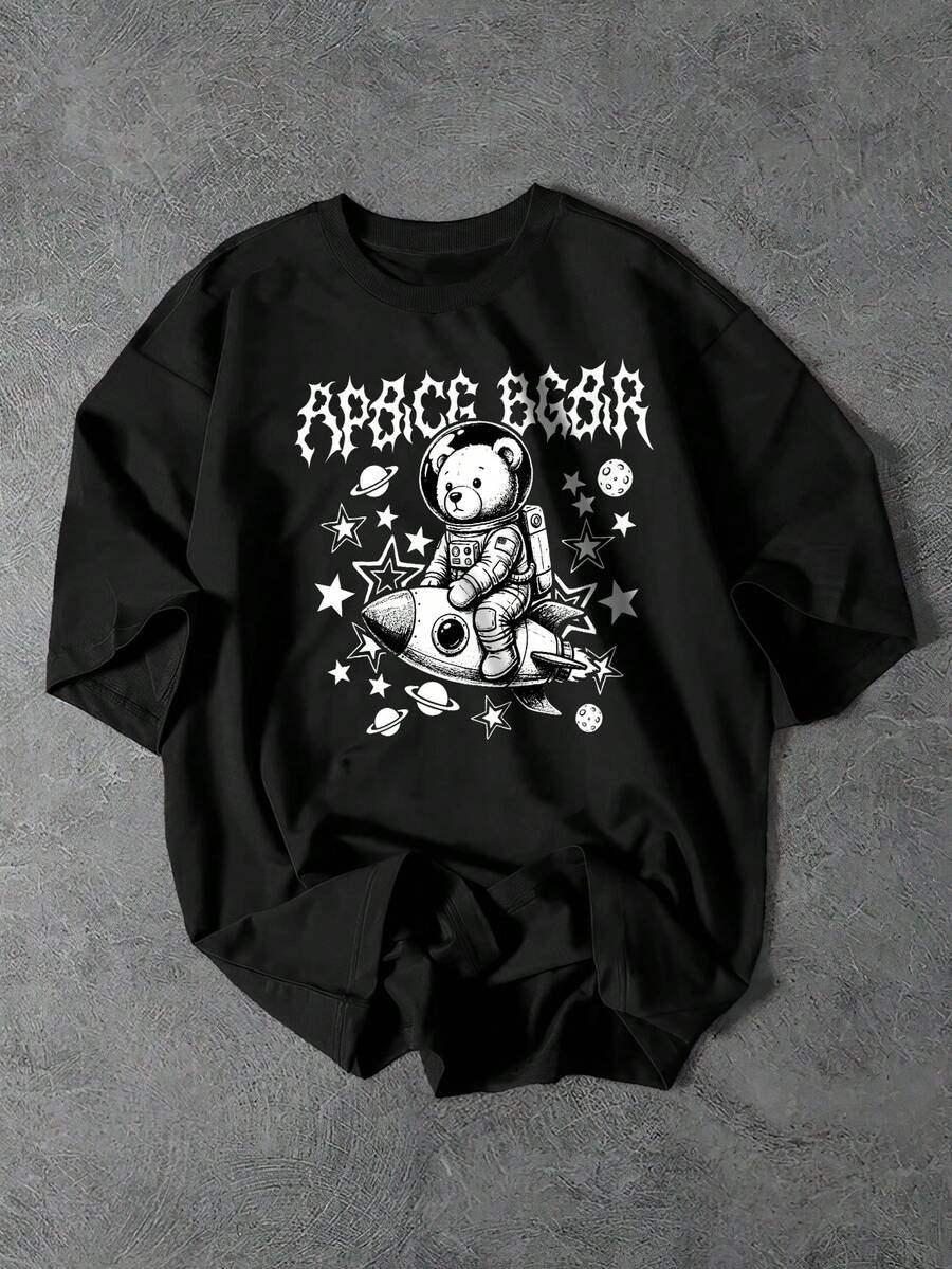 GENIUS ODE Camiseta de manga corta de cuello redondo con estampado de letras de dibujos animados, casual y versátil para uso diario - Negro - Ver 1