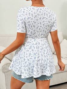 SHEIN 孕妇休闲碎花抽绳腰带T恤，夏季 - 藍白色 - 查看 2