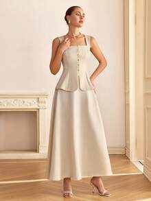 CLARA VERO Button Front Peplum Tank Top & Skirt - Apricot - View 6