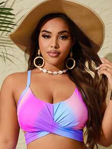 Slaydiva 大码女式渐变色印花交叉设计休闲泳衣上衣 - 彩色 - 查看 4