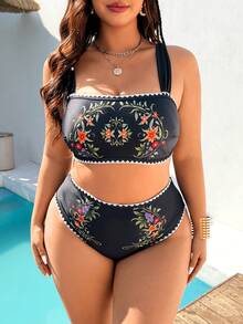 Swim Vcay Plus Size Women 2pcs Random Placement Print High Waist Bikini Swimwear Set - Black - View 3