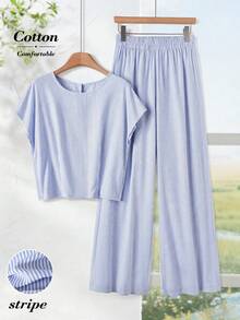 Rusticease 女士休闲条纹上衣和裤子两件套，夏季 - 彩色 - 查看 3