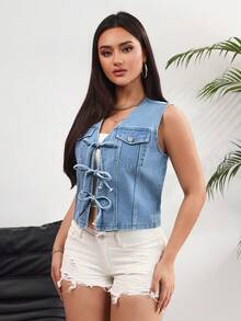 Rivivi Women's Front Tie Casual Versatile Denim Vest - Blue - View 3